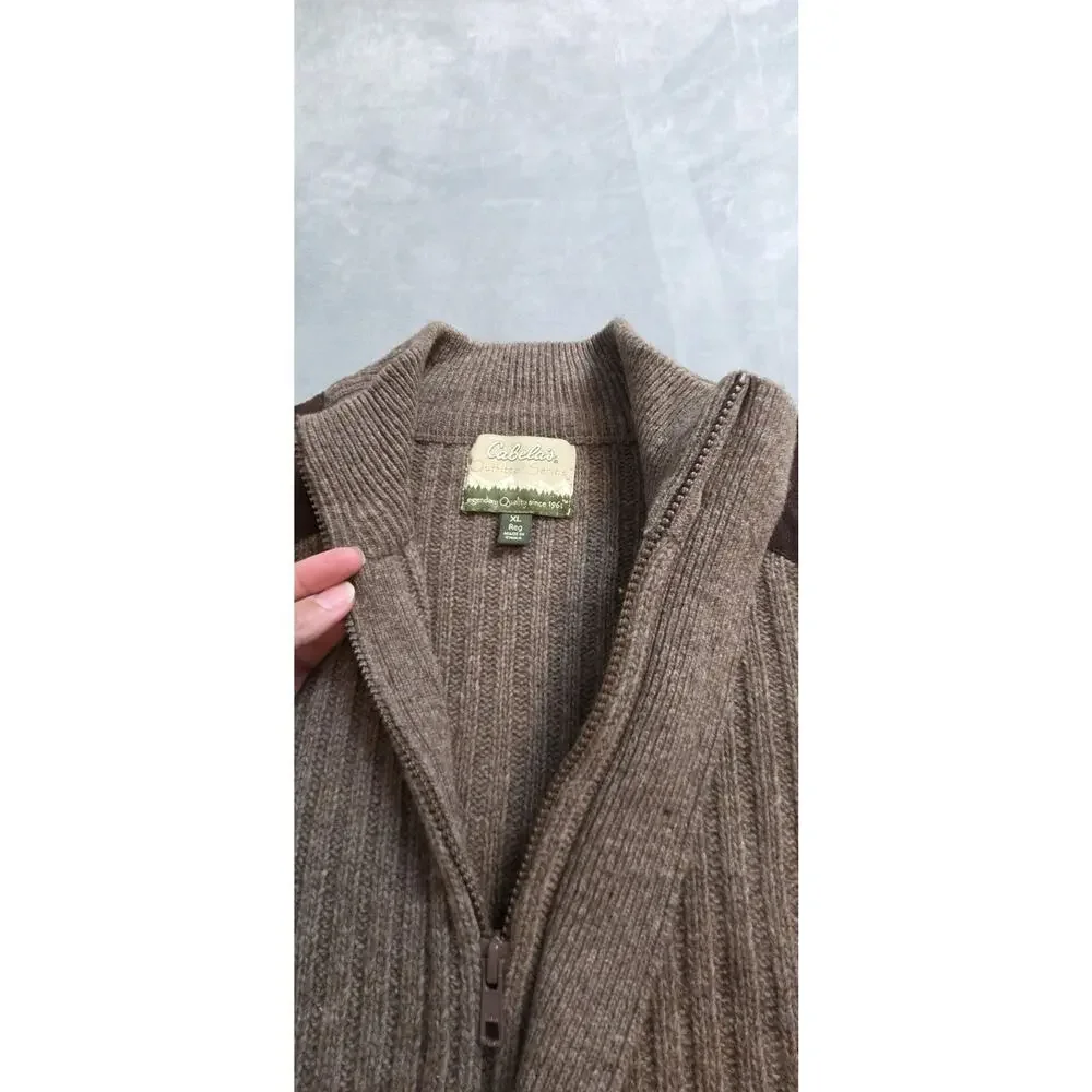 Cabelas Outfitters Series Mens XL 100% Lambswool Sweater Brown Knit full zip - Picture 5 of 13